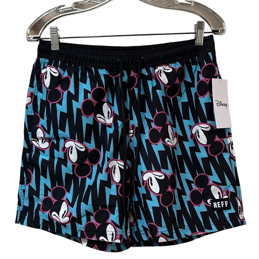 Neff x Disney Mickey Mouse Swim Trunks Mens Small Teal Lightning Bolt Shorts NWT